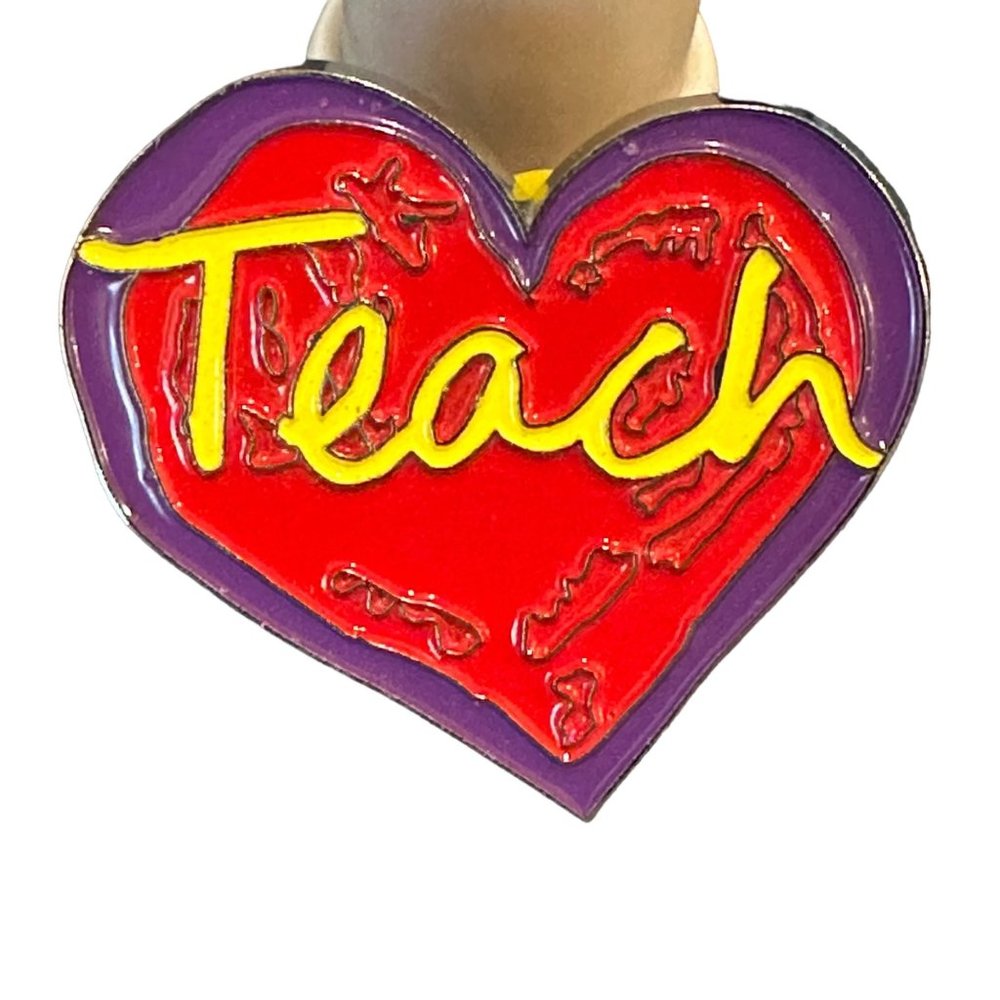 Penzeys Teach Enamel Lapel Pin Heart School Teacher Love Red Purple Yellow